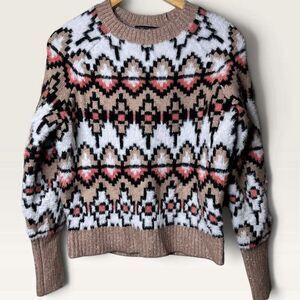 Anne Klein Fuzzy Fair Isle Sweater Women's SP Pink Shimmer Cozy Nordic Popover